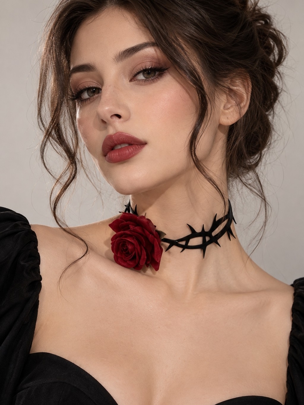 Black Thorns Choker Necklace with Red Rose Accent